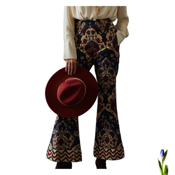RANNA GILL PRINTED FLARE PANTS corduroy size S black motif - Picture 1 of 8